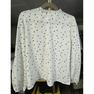 Shein Women's Blouse White Black Heart Print Ruffle Mock Neck Long Sleeve Small